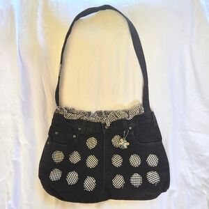 Arizona Upcycled Denim Shoulder Bag Women Black w/Gingham Patches